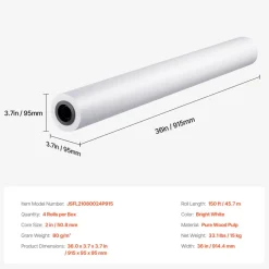 VEVOR Wide Format Paper, 36 in x 150 ft Plotter Paper, 4 Rolls CAD Bond Rolls with 2 in Core, 20 LB Bond Paper Rolls, Idea for CAD Drawings, Engineering Plans, GIS Maps & Architectural Designs