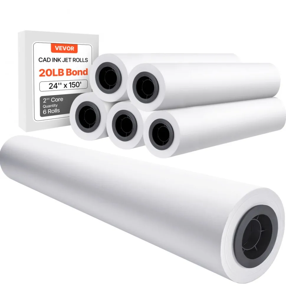 VEVOR Wide Format Paper, 24 in x 150 ft Plotter Roll, 2 Rolls CAD Bond Rolls with 2 in Core, 20 LB Bond Paper Rolls, Ideal for CAD Drawings, Engineering Plans, GIS Maps, and Architectural Designs