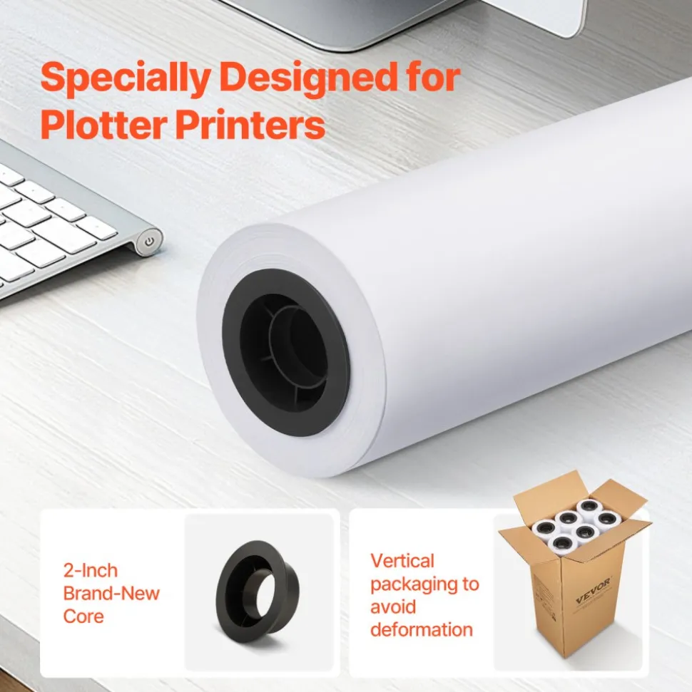 VEVOR Wide Format Paper, 24 in x 150 ft Plotter Roll, 2 Rolls CAD Bond Rolls with 2 in Core, 20 LB Bond Paper Rolls, Ideal for CAD Drawings, Engineering Plans, GIS Maps, and Architectural Designs