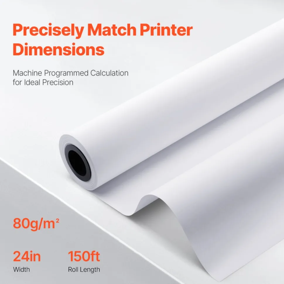 VEVOR Wide Format Paper, 24 in x 150 ft Plotter Roll, 2 Rolls CAD Bond Rolls with 2 in Core, 20 LB Bond Paper Rolls, Ideal for CAD Drawings, Engineering Plans, GIS Maps, and Architectural Designs