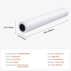 VEVOR Wide Format Paper, 24 in x 150 ft Plotter Roll, 2 Rolls CAD Bond Rolls with 2 in Core, 20 LB Bond Paper Rolls, Ideal for CAD Drawings, Engineering Plans, GIS Maps, and Architectural Designs
