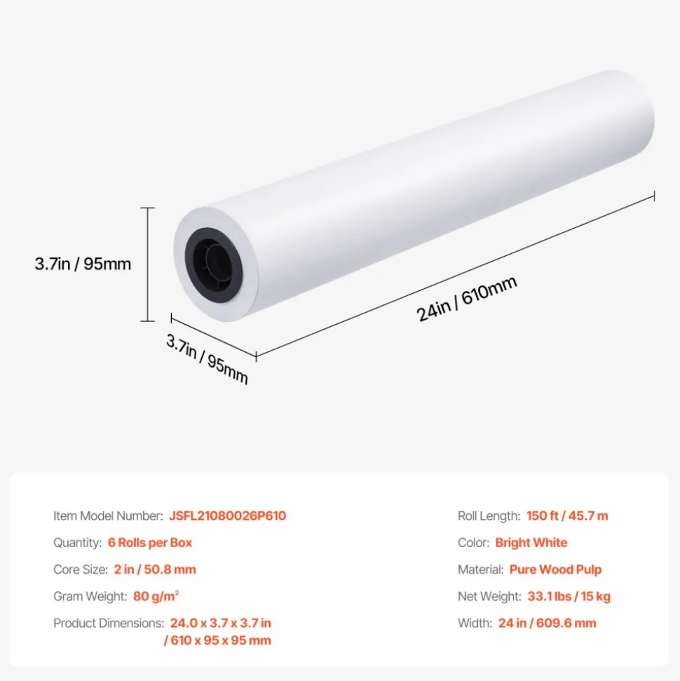 VEVOR Wide Format Paper, 24 in x 150 ft Plotter Roll, 2 Rolls CAD Bond Rolls with 2 in Core, 20 LB Bond Paper Rolls, Ideal for CAD Drawings, Engineering Plans, GIS Maps, and Architectural Designs