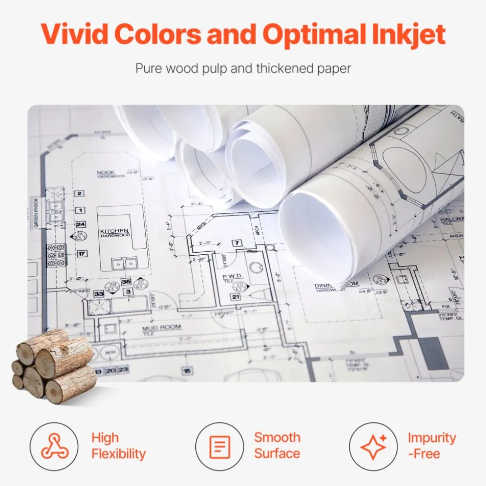 VEVOR Wide Format Paper, 24 in x 150 ft Plotter Roll, 2 Rolls CAD Bond Rolls with 2 in Core, 20 LB Bond Paper Rolls, Ideal for CAD Drawings, Engineering Plans, GIS Maps, and Architectural Designs
