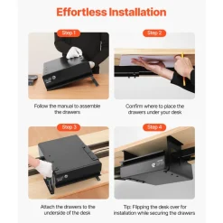 VEVOR 13" Wide Under Desk Drawer Slide Out, Under Desk Mounted Pull-out Drawer Attachment, Hidden Desktop Storage Organizer, Lockable Under Table Pencil Drawer for Sit Stand Workstation, 14x13x7 in