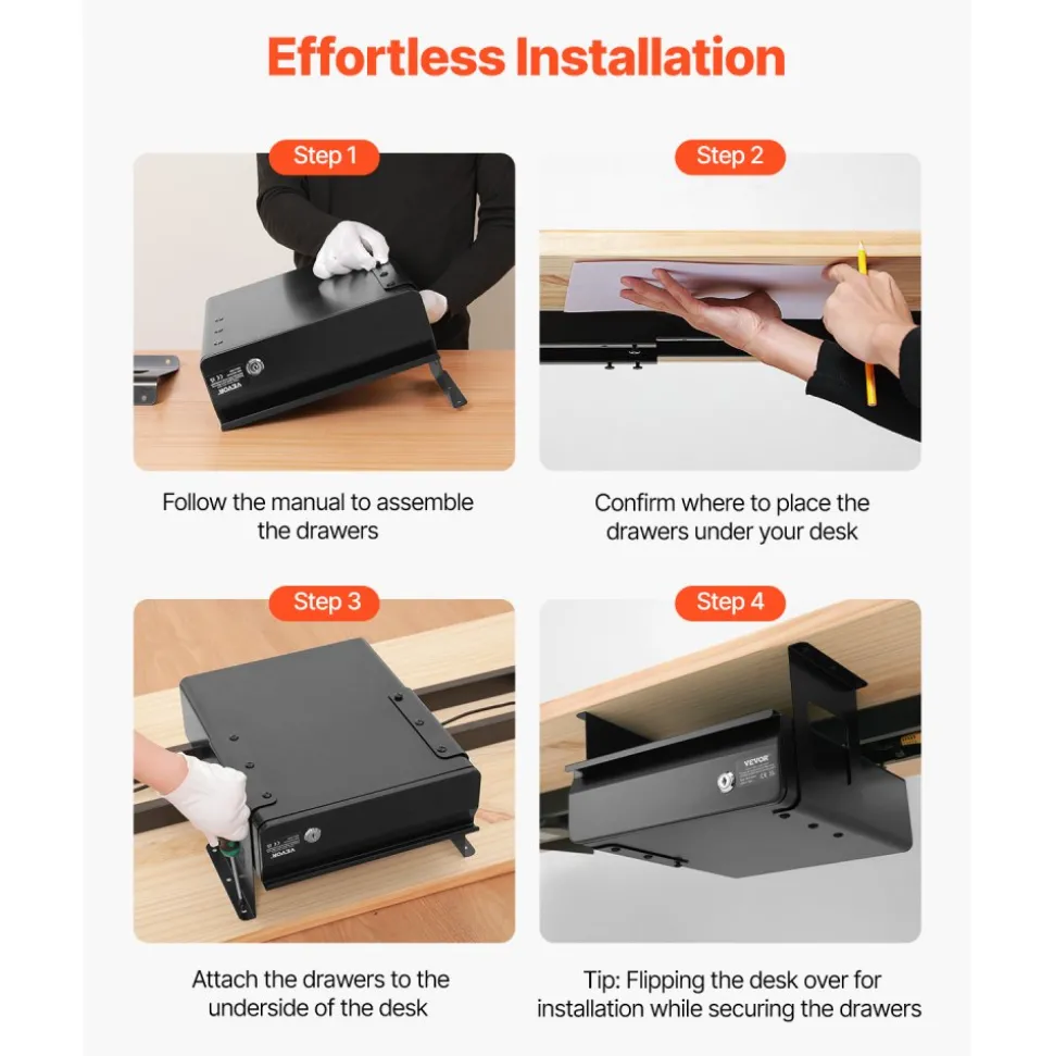 VEVOR 13" Wide Under Desk Drawer Slide Out, Under Desk Mounted Pull-out Drawer Attachment, Hidden Desktop Storage Organizer, Lockable Under Table Pencil Drawer for Sit Stand Workstation, 14x13x7 in