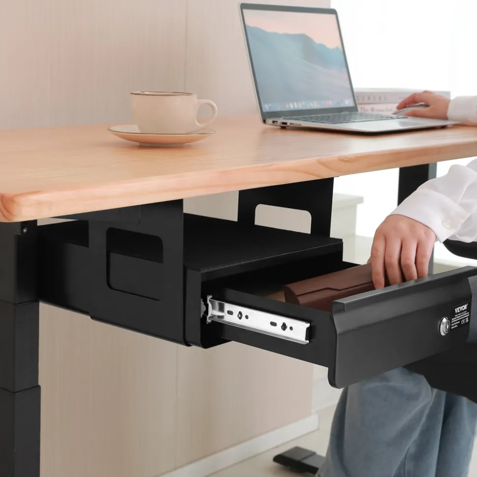 VEVOR 13" Wide Under Desk Drawer Slide Out, Under Desk Mounted Pull-out Drawer Attachment, Hidden Desktop Storage Organizer, Lockable Under Table Pencil Drawer for Sit Stand Workstation, 14x13x7 in