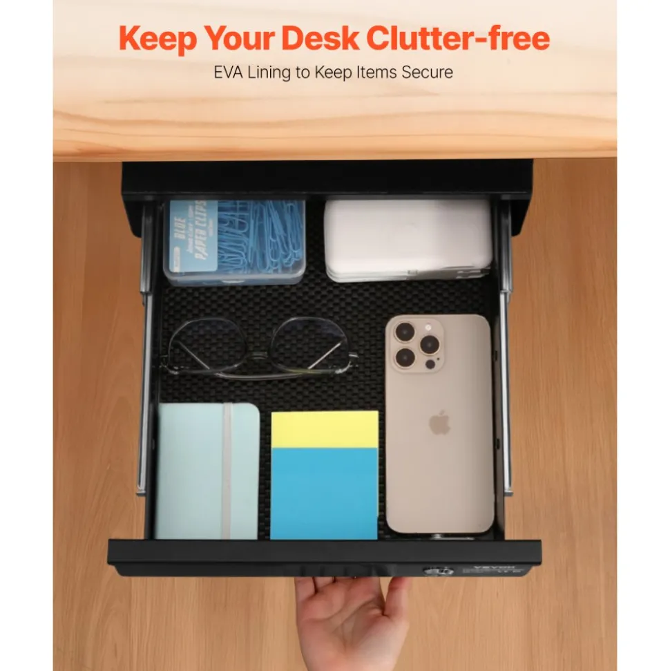 VEVOR 13" Wide Under Desk Drawer Slide Out, Under Desk Mounted Pull-out Drawer Attachment, Hidden Desktop Storage Organizer, Lockable Under Table Pencil Drawer for Sit Stand Workstation, 14x13x7 in