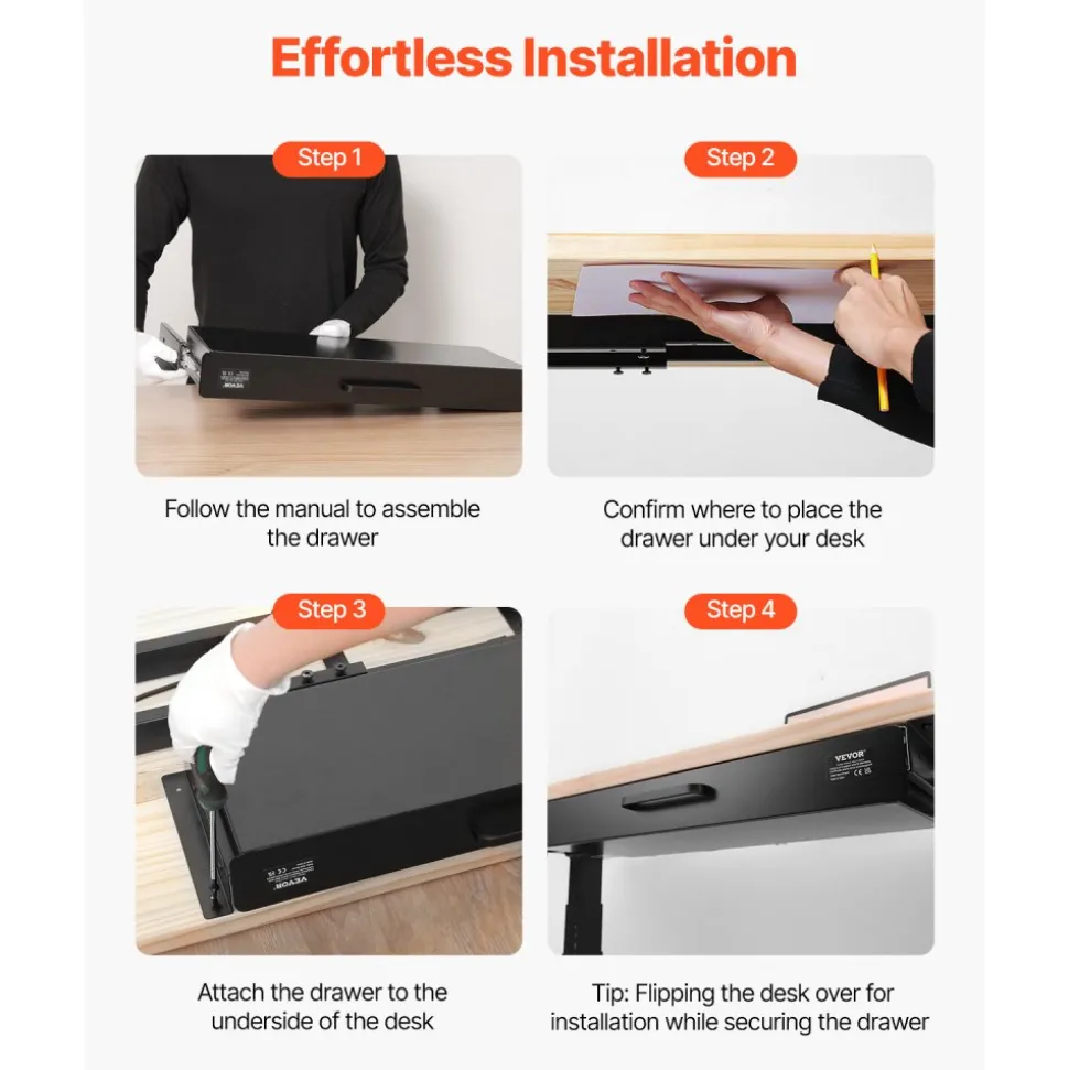 VEVOR 22" Wide Under Desk Drawer Slide Out, Under Desk Mounted Pull-out Drawer Attachment, Hidden Desktop Storage Organizer, Under Table Pencil Drawer for office Home Sit Stand Workstation, 25x9x3 in