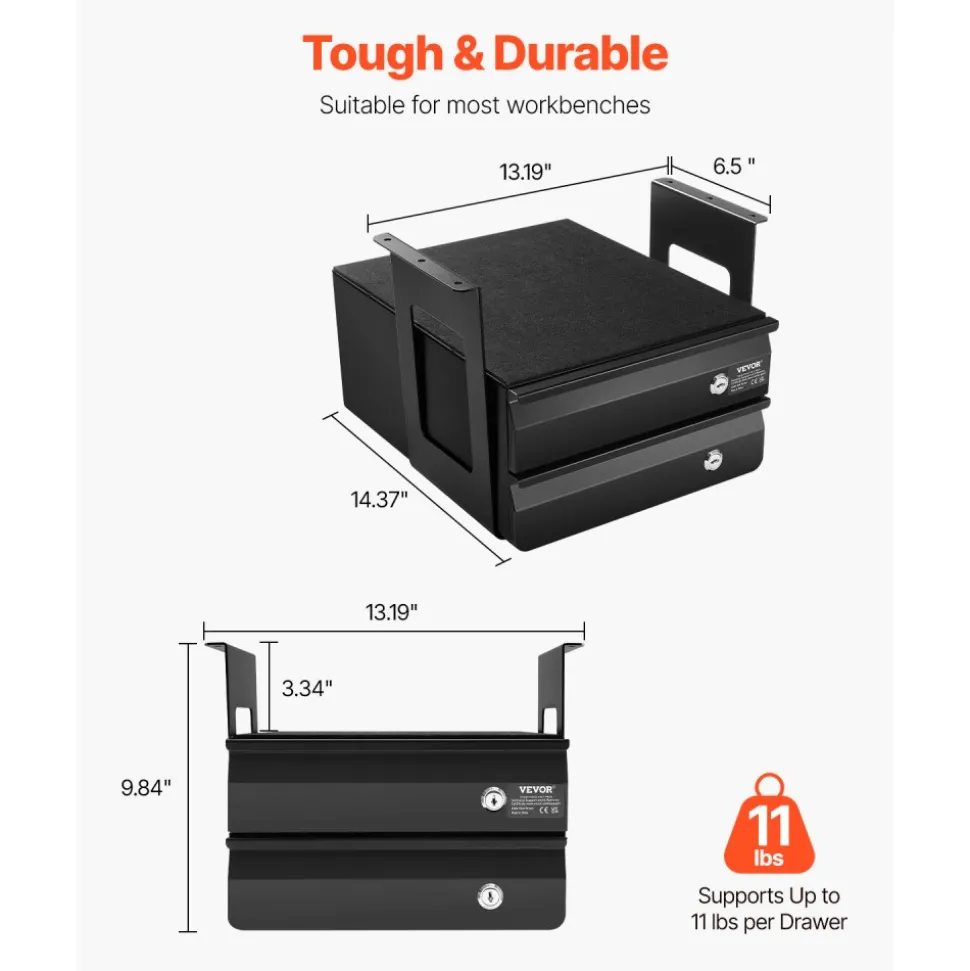VEVOR 13" Wide Under Desk Drawer Slide Out, Under Table Pull-out Drawer Attachment, Hidden Desktop 2 Layer Storage Organizer, Lockable Undermount Pencil Drawer for Sit Stand Workstation, 14x13x10 in