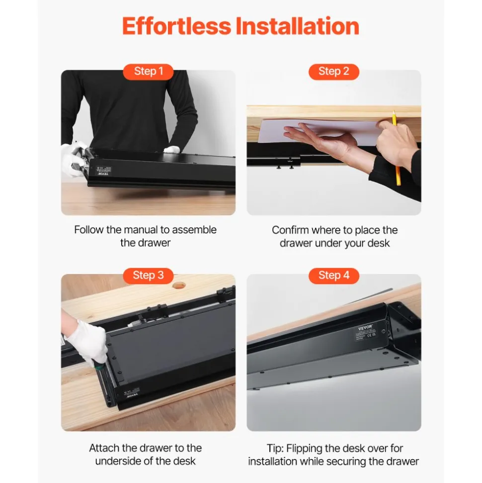 VEVOR 26" Wide Under Desk Drawer Slide Out, Under Desk Mounted Pull-out Drawer Attachment, Hidden Desktop Storage Organizer, Under Table Pencil Drawer for office Home Sit Stand Workstation, 29x9x4 in