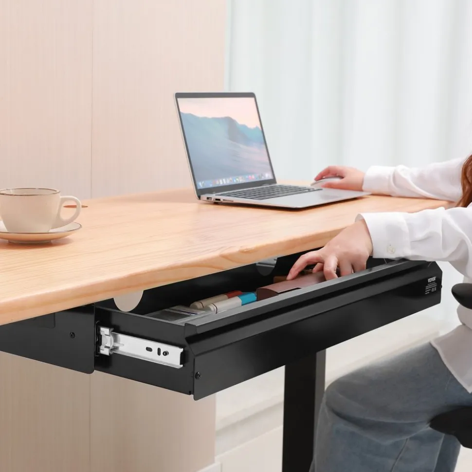 VEVOR 26" Wide Under Desk Drawer Slide Out, Under Desk Mounted Pull-out Drawer Attachment, Hidden Desktop Storage Organizer, Under Table Pencil Drawer for office Home Sit Stand Workstation, 29x9x4 in