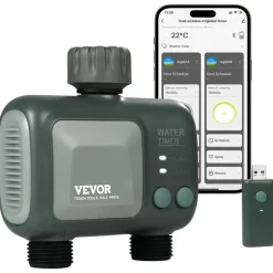 VEVOR WiFi Sprinkler Timer, 2 Outlets, Smart Hose Faucet Water Timer with Brass Inlet, APP Control via 2.4Ghz WiFi or Bluetooth, Voice Control with Alexa and Google Assistant, IPX6 for Yard Watering