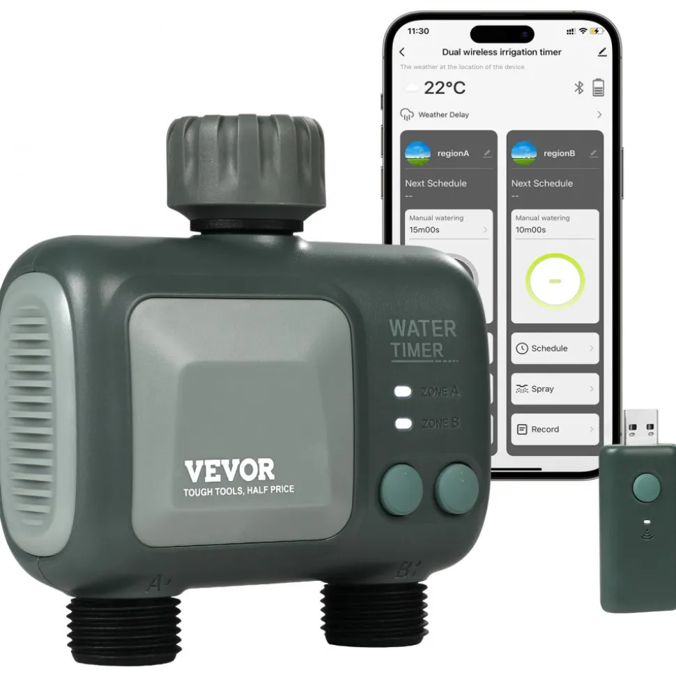 VEVOR WiFi Sprinkler Timer, 2 Outlets, Smart Hose Faucet Water Timer with Brass Inlet, APP Control via 2.4Ghz WiFi or Bluetooth, Voice Control with Alexa and Google Assistant, IPX6 for Yard Watering