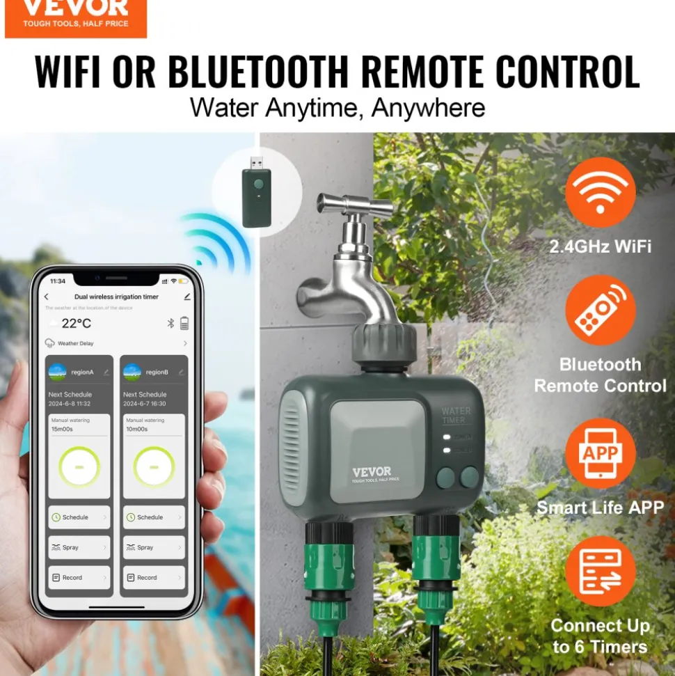 VEVOR WiFi Sprinkler Timer, 2 Outlets, Smart Hose Faucet Water Timer with Brass Inlet, APP Control via 2.4Ghz WiFi or Bluetooth, Voice Control with Alexa and Google Assistant, IPX6 for Yard Watering