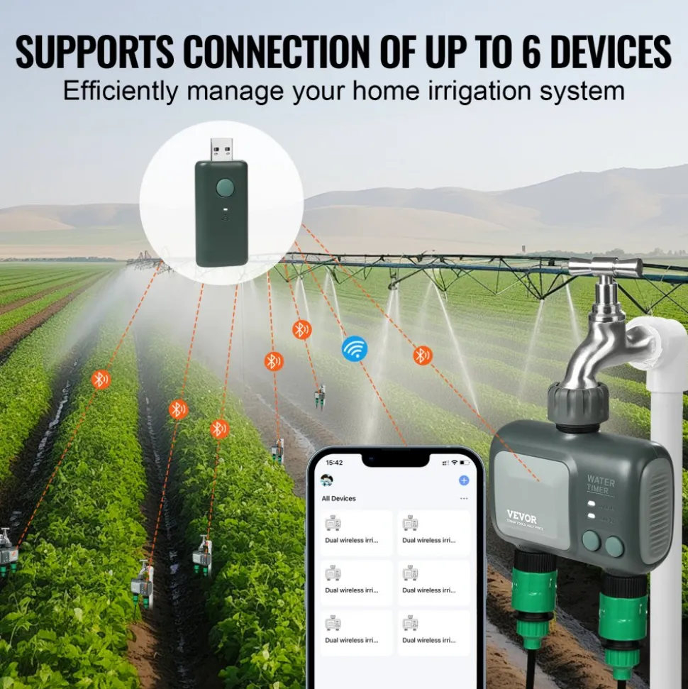 VEVOR WiFi Sprinkler Timer, 2 Outlets, Smart Hose Faucet Water Timer with Brass Inlet, APP Control via 2.4Ghz WiFi or Bluetooth, Voice Control with Alexa and Google Assistant, IPX6 for Yard Watering