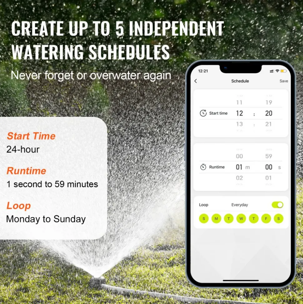 VEVOR WiFi Sprinkler Timer, 2 Outlets, Smart Hose Faucet Water Timer with Brass Inlet, APP Control via 2.4Ghz WiFi or Bluetooth, Voice Control with Alexa and Google Assistant, IPX6 for Yard Watering