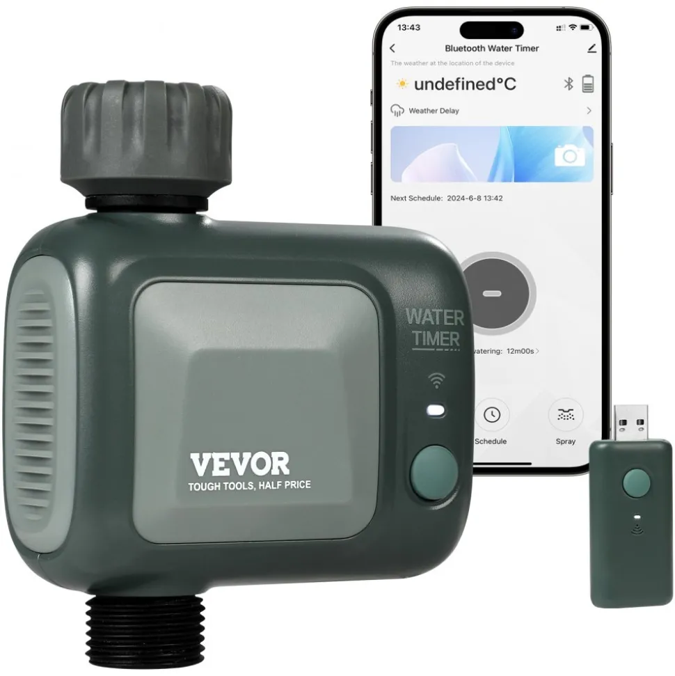 VEVOR WiFi Sprinkler Timer, Single Outlet, Smart Hose Faucet Water Timer with Brass Inlet, APP Control via 2.4Ghz WiFi or Bluetooth, Voice Control with Alexa Google Assistant, IPX6 for Yard Watering