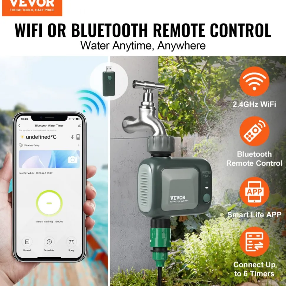 VEVOR WiFi Sprinkler Timer, Single Outlet, Smart Hose Faucet Water Timer with Brass Inlet, APP Control via 2.4Ghz WiFi or Bluetooth, Voice Control with Alexa Google Assistant, IPX6 for Yard Watering