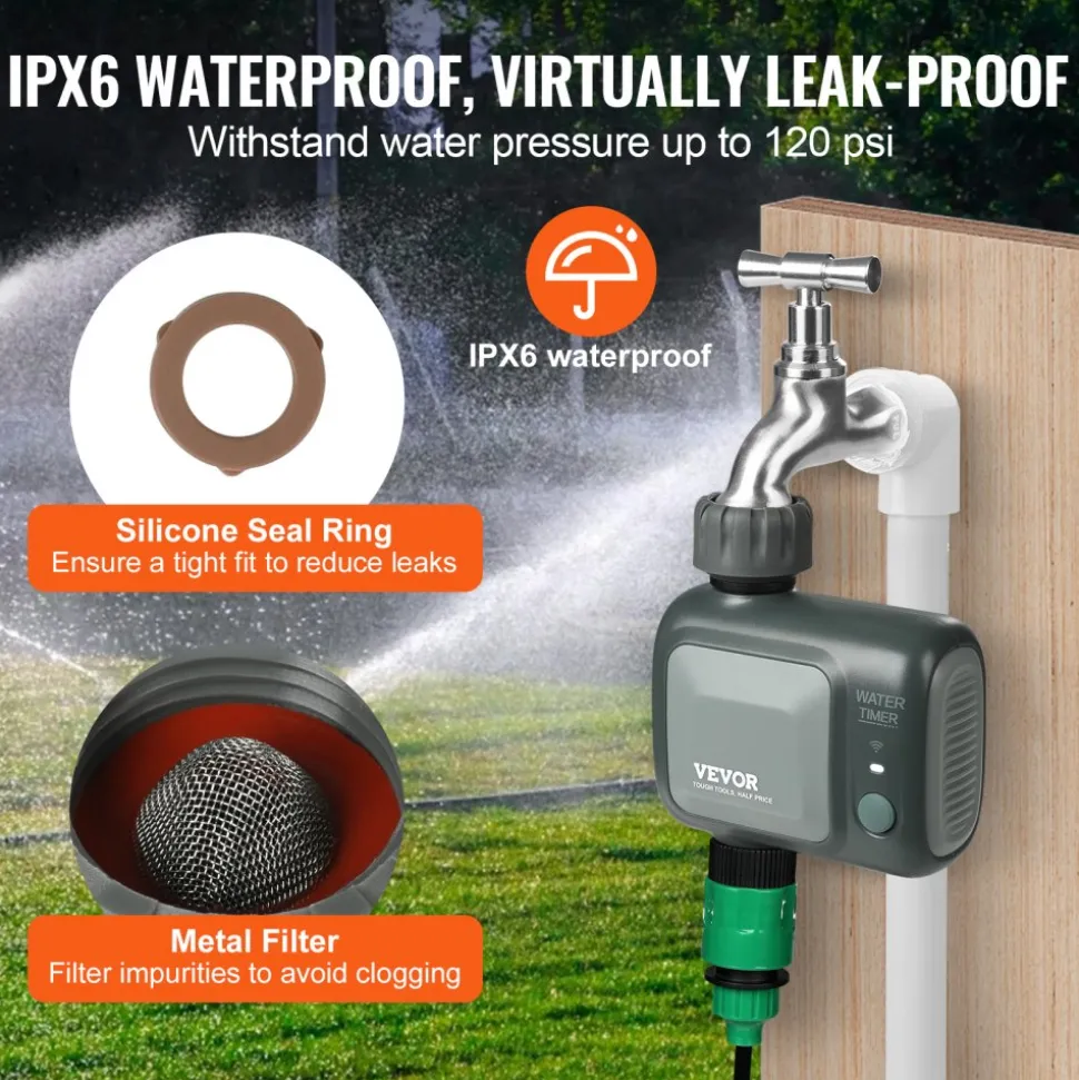 VEVOR WiFi Sprinkler Timer, Single Outlet, Smart Hose Faucet Water Timer with Brass Inlet, APP Control via 2.4Ghz WiFi or Bluetooth, Voice Control with Alexa Google Assistant, IPX6 for Yard Watering