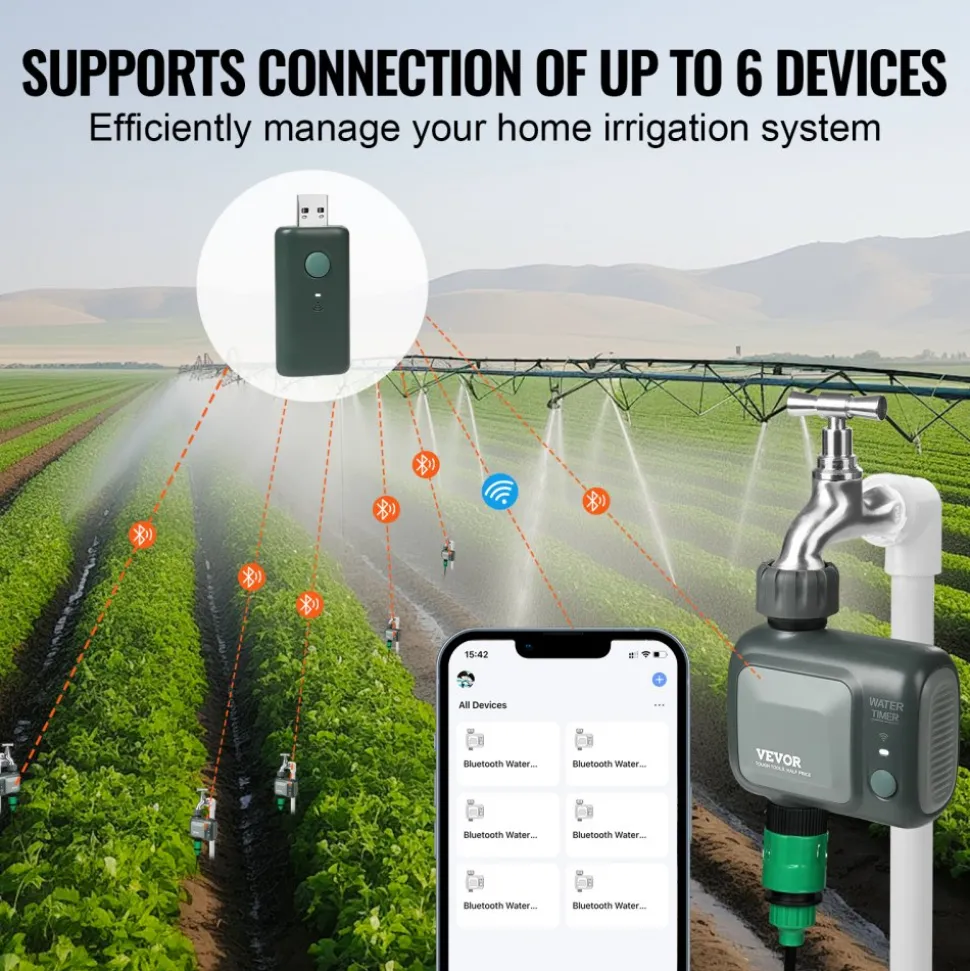 VEVOR WiFi Sprinkler Timer, Single Outlet, Smart Hose Faucet Water Timer with Brass Inlet, APP Control via 2.4Ghz WiFi or Bluetooth, Voice Control with Alexa Google Assistant, IPX6 for Yard Watering