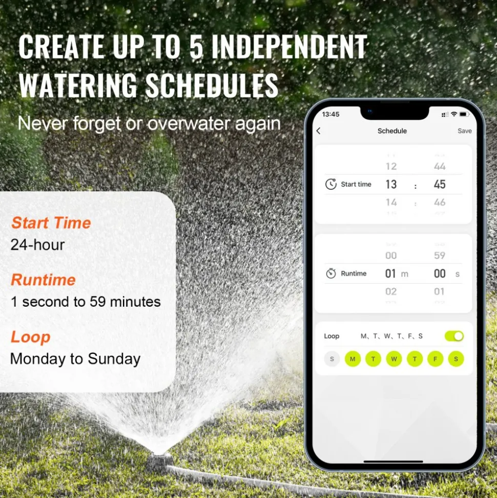 VEVOR WiFi Sprinkler Timer, Single Outlet, Smart Hose Faucet Water Timer with Brass Inlet, APP Control via 2.4Ghz WiFi or Bluetooth, Voice Control with Alexa Google Assistant, IPX6 for Yard Watering