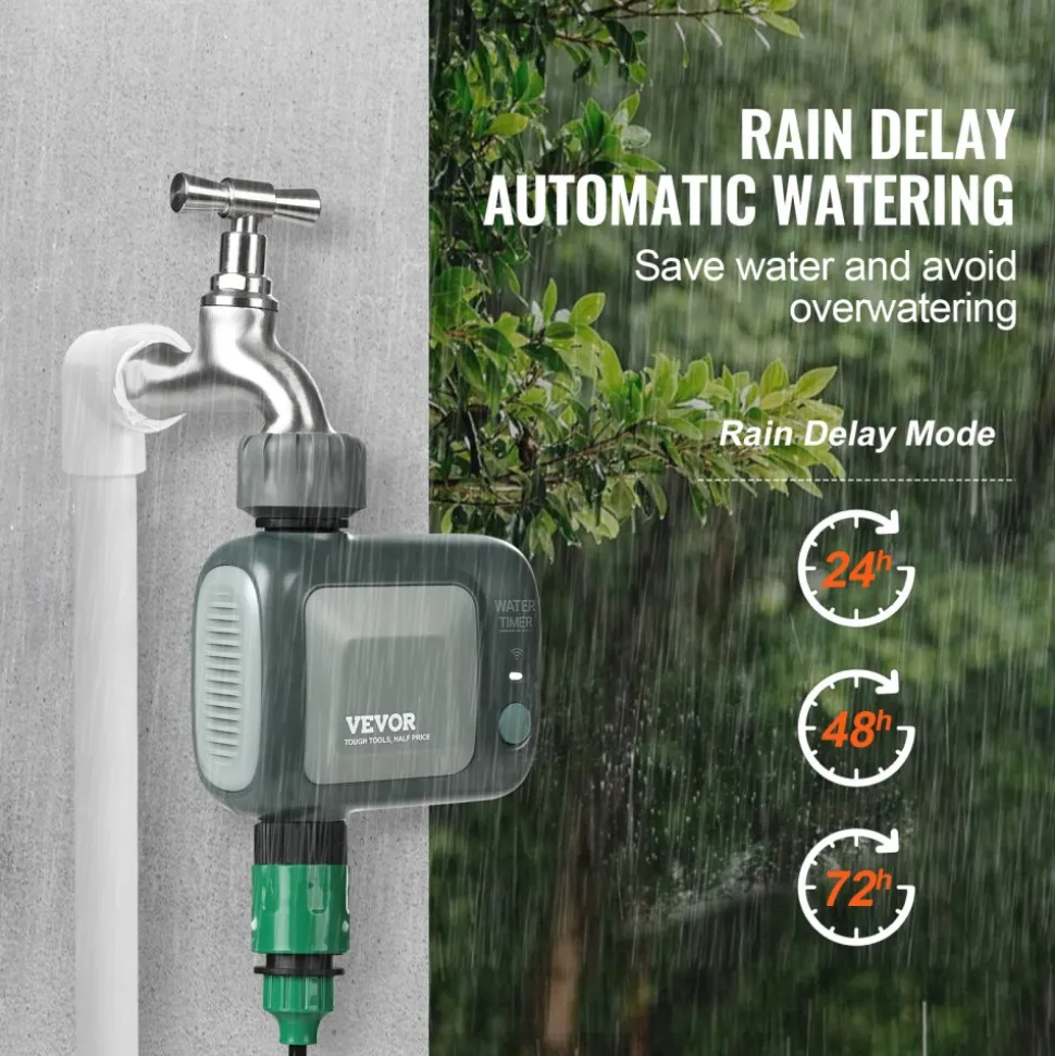 VEVOR WiFi Sprinkler Timer, Single Outlet, Smart Hose Faucet Water Timer with Brass Inlet, APP Control via 2.4Ghz WiFi or Bluetooth, Voice Control with Alexa Google Assistant, IPX6 for Yard Watering