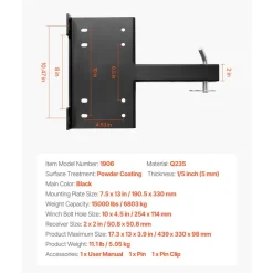 VEVOR Winch Mount, 15000 lbs / 6803 kg Load Capacity, Trailer Hitch Winch Mount with 50.8 mm Receiver, 2 Mounting Hole Design, Powder Coated Steel, Suitable for ATV UTV Pickup Truck, Black