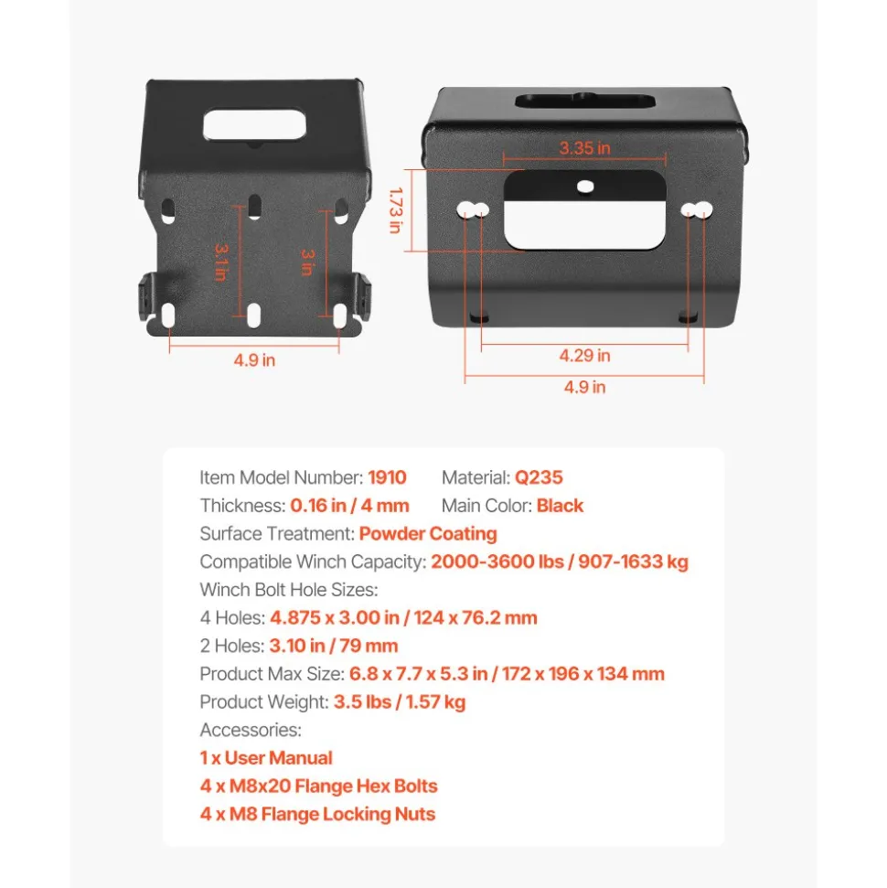 VEVOR Winch Mount, Winch Capacity of 2000-3600 lbs, Trailer Hitch Winch Mount for Select Honda Foreman and Rancher Rubicon Models (2014-2021), 2 Mounting Hole Design, Powder Coated Steel, Black