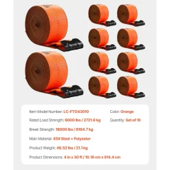 VEVOR Winch Straps, 4 in x 30 ft Truck Straps with Flat Hook, 10 Pack Heavy Duty Trailer Straps with 18000 lbs Break Strength, Cargo Tie-Down Straps, for Flatbeds, Trucks, Trailers, Farms & Rescues