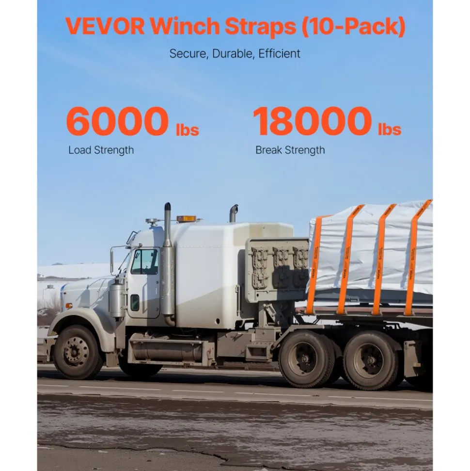 VEVOR Winch Straps, 4 in x 30 ft Truck Straps with Flat Hook, 10 Pack Heavy Duty Trailer Straps with 18000 lbs Break Strength, Cargo Tie-Down Straps, for Flatbeds, Trucks, Trailers, Farms & Rescues
