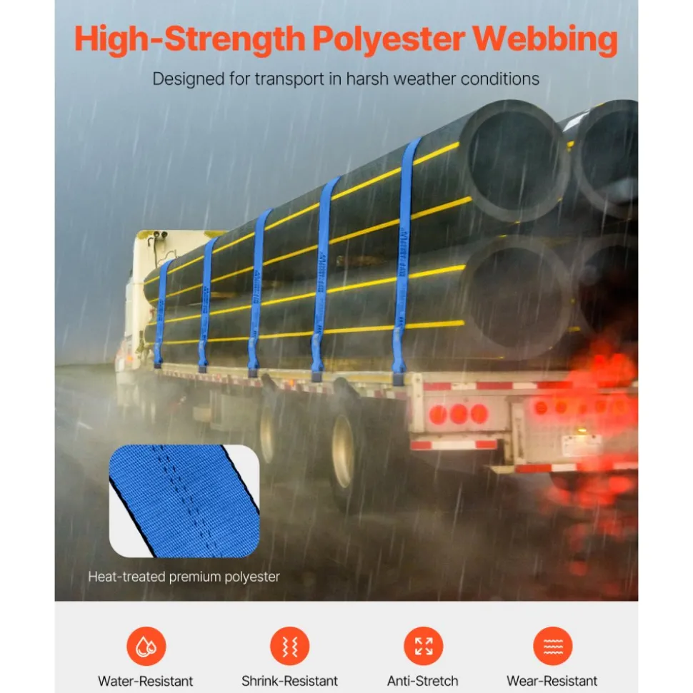 VEVOR Winch Straps, 4" x 30', 6000 lbs Load Capacity, 18000 lbs Breaking Strength, Truck Straps with Flat Hook, Flatbed Tie Downs Cargo Control for Trailers, Farms, Rescues, Tree Saver, Blue (10 Pack)