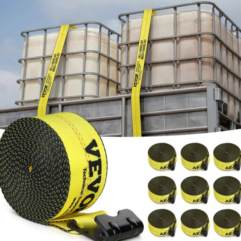 VEVOR Winch Straps, 4" x 30', 6000 lbs Load Capacity, 18000 lbs Break Strength, Truck Straps with Flat Hook, Flatbed Tie Downs Cargo Control for Trailers, Farms, Rescues, Tree Saver, Yellow (10 Pack)