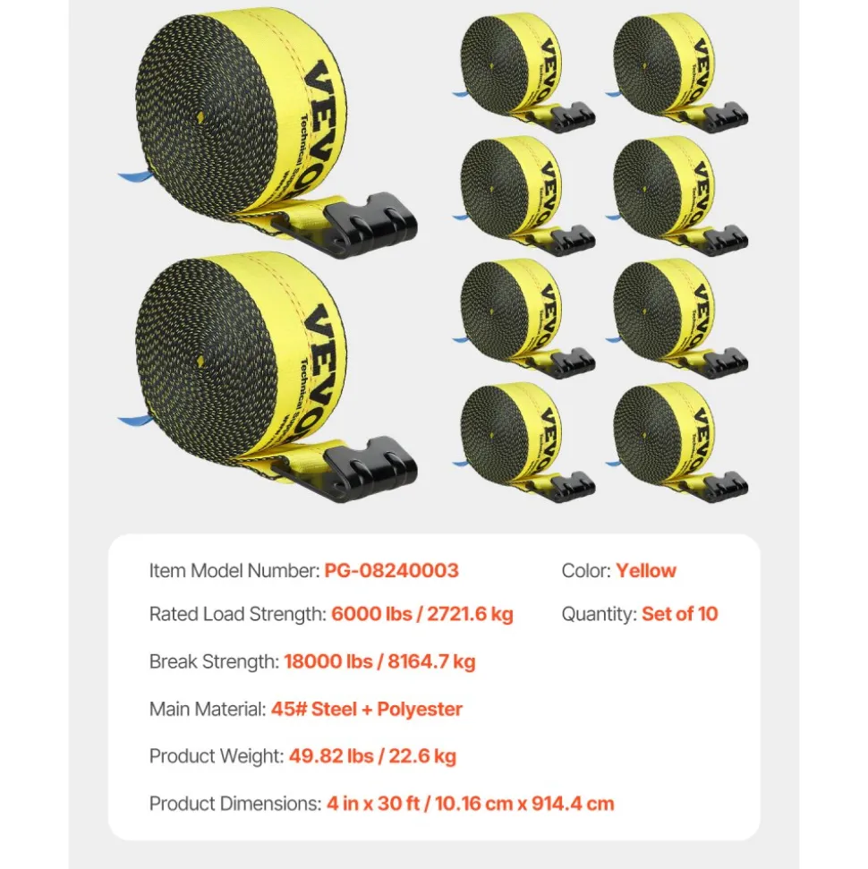 VEVOR Winch Straps, 4" x 30', 6000 lbs Load Capacity, 18000 lbs Break Strength, Truck Straps with Flat Hook, Flatbed Tie Downs Cargo Control for Trailers, Farms, Rescues, Tree Saver, Yellow (10 Pack)
