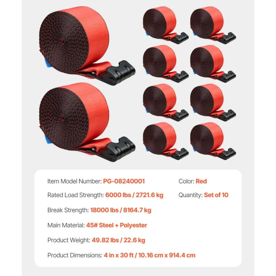 VEVOR Winch Straps, 4" x 30', 6000 lbs Load Capacity, 18000 lbs Breaking Strength, Truck Straps with Flat Hook, Flatbed Tie Downs Cargo Control for Trailers, Farms, Rescues, Tree Saver, Red (10 Pack)