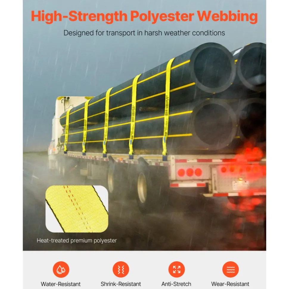 VEVOR Winch Straps, 4" x 30', 6000 lbs Load Capacity, 18000 lbs Break Strength, Truck Straps with Flat Hook, Flatbed Tie Downs Cargo Control for Trailers, Farms, Rescues, Tree Saver, Yellow (4 Pack)