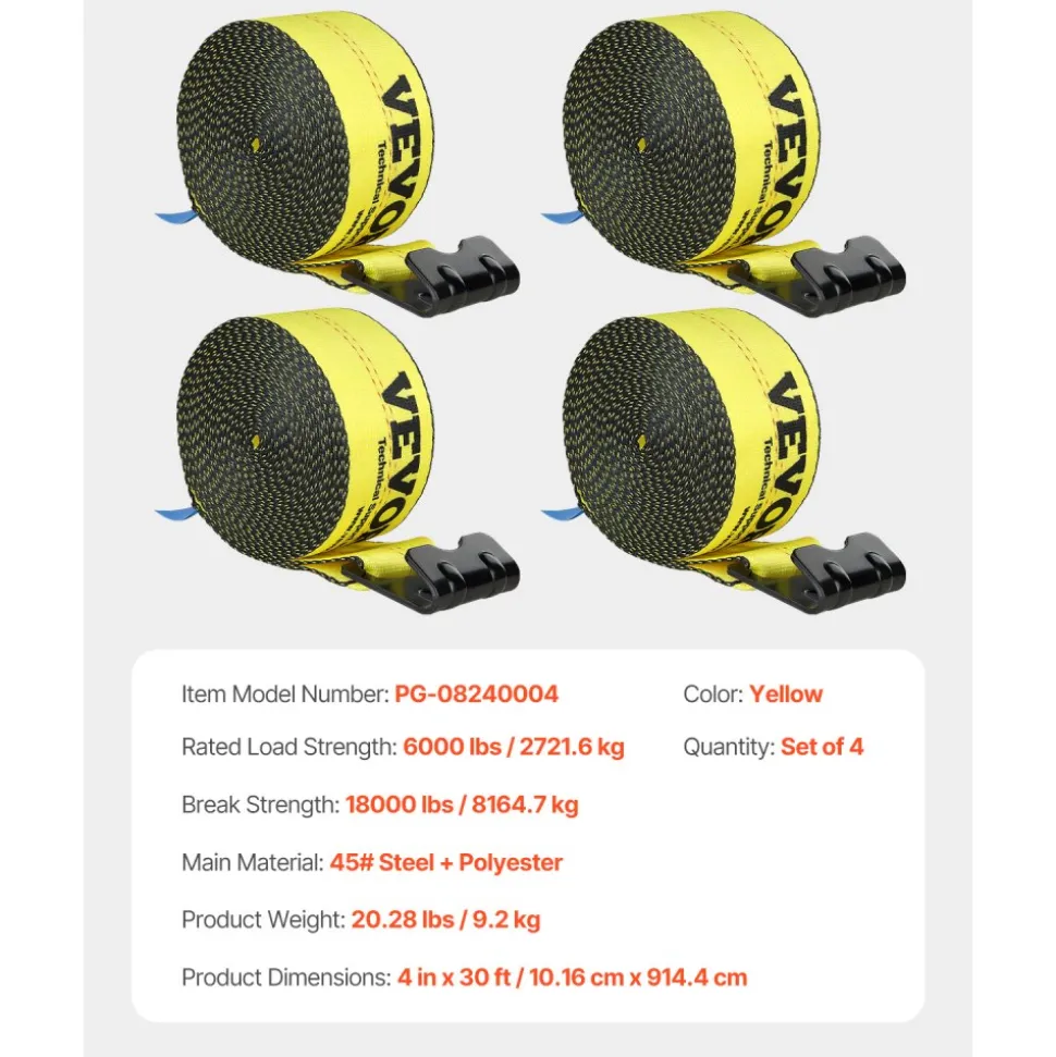 VEVOR Winch Straps, 4" x 30', 6000 lbs Load Capacity, 18000 lbs Break Strength, Truck Straps with Flat Hook, Flatbed Tie Downs Cargo Control for Trailers, Farms, Rescues, Tree Saver, Yellow (4 Pack)