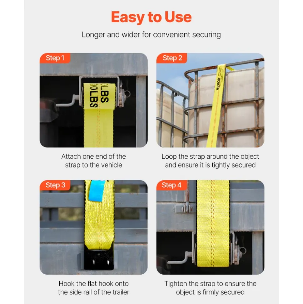 VEVOR Winch Straps, 4" x 30', 6000 lbs Load Capacity, 18000 lbs Break Strength, Truck Straps with Flat Hook, Flatbed Tie Downs Cargo Control for Trailers, Farms, Rescues, Tree Saver, Yellow (4 Pack)