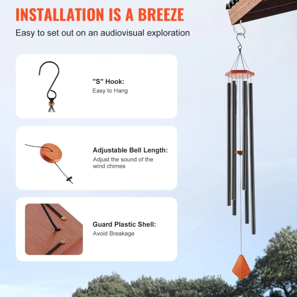 VEVOR Wind Chimes for Outside, 60 in, Deep Tone Wind Chimes with 6 Tubes, Unique Large Memorial Wind Chimes for Anniversary, Amazing Outdoor Decor for Your Patio, Porch, Garden and Backyard, Black