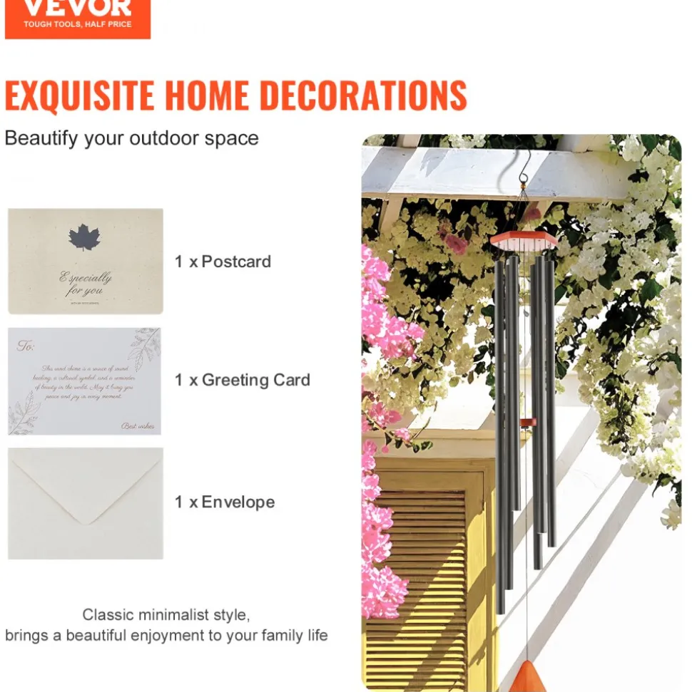 VEVOR Wind Chimes for Outside, 60 in, Deep Tone Wind Chimes with 6 Tubes, Unique Large Memorial Wind Chimes for Anniversary, Amazing Outdoor Decor for Your Patio, Porch, Garden and Backyard, Black