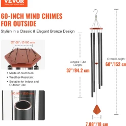 VEVOR Wind Chimes for Outside, 60 in, Deep Tone Wind Chimes with 6 Tubes, Unique Large Memorial Wind Chimes for Anniversary, Amazing Outdoor Decor for Your Patio, Porch, Garden and Backyard, Black