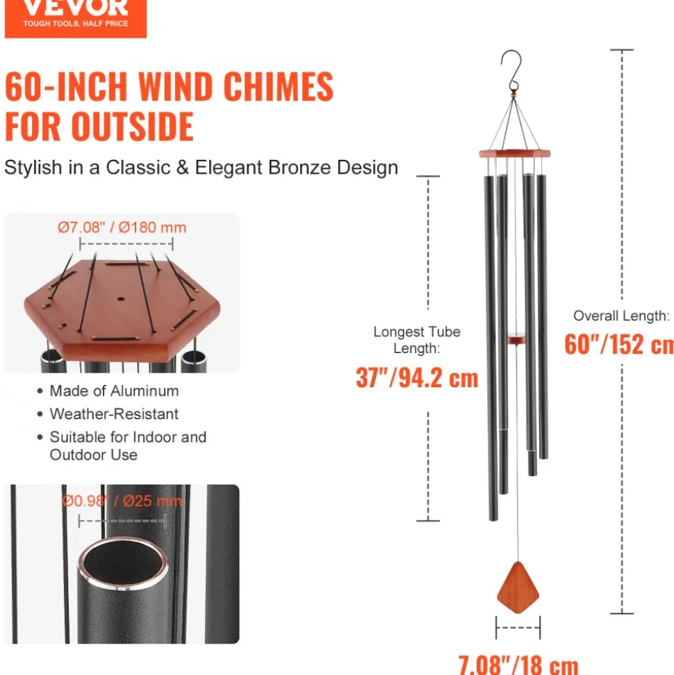 VEVOR Wind Chimes for Outside, 60 in, Deep Tone Wind Chimes with 6 Tubes, Unique Large Memorial Wind Chimes for Anniversary, Amazing Outdoor Decor for Your Patio, Porch, Garden and Backyard, Black