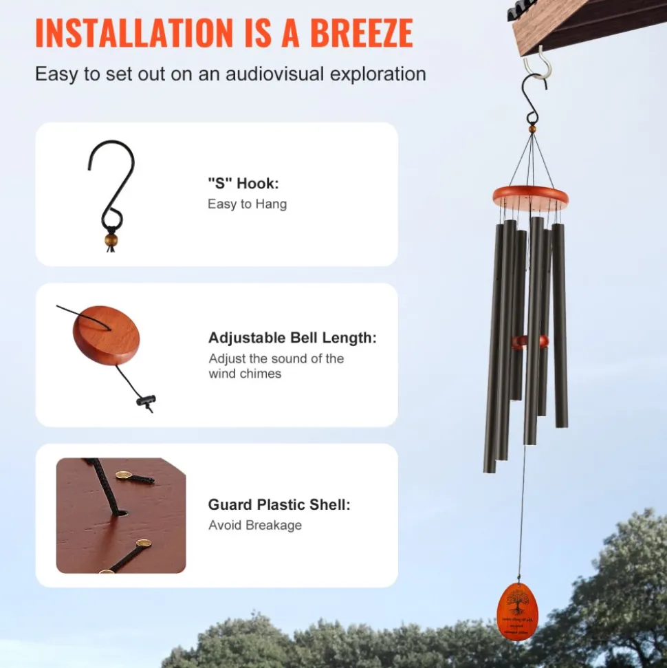 VEVOR Wind Chimes for Outside, 41 in, Deep Tone Wind Chimes with 6 Tubes, Unique Large Memorial Wind Chimes for Anniversary, Amazing Outdoor Decor for Your Patio, Porch, Garden and Backyard, Black