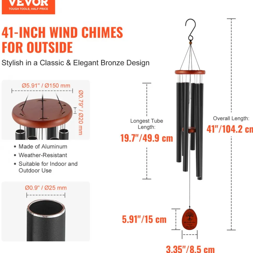 VEVOR Wind Chimes for Outside, 41 in, Deep Tone Wind Chimes with 6 Tubes, Unique Large Memorial Wind Chimes for Anniversary, Amazing Outdoor Decor for Your Patio, Porch, Garden and Backyard, Black