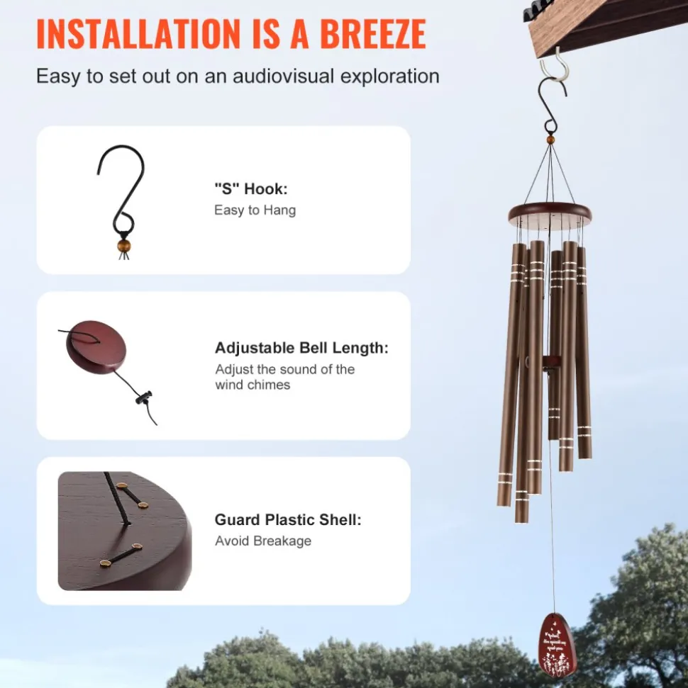 VEVOR Wind Chimes for Outside, 42", Deep Tone Wind Chimes with 6 Tubes, Unique Large Memorial Wind Chimes for Anniversary, Amazing Outdoor Decor for Your Patio, Porch, Garden and Backyard, Dark Brown
