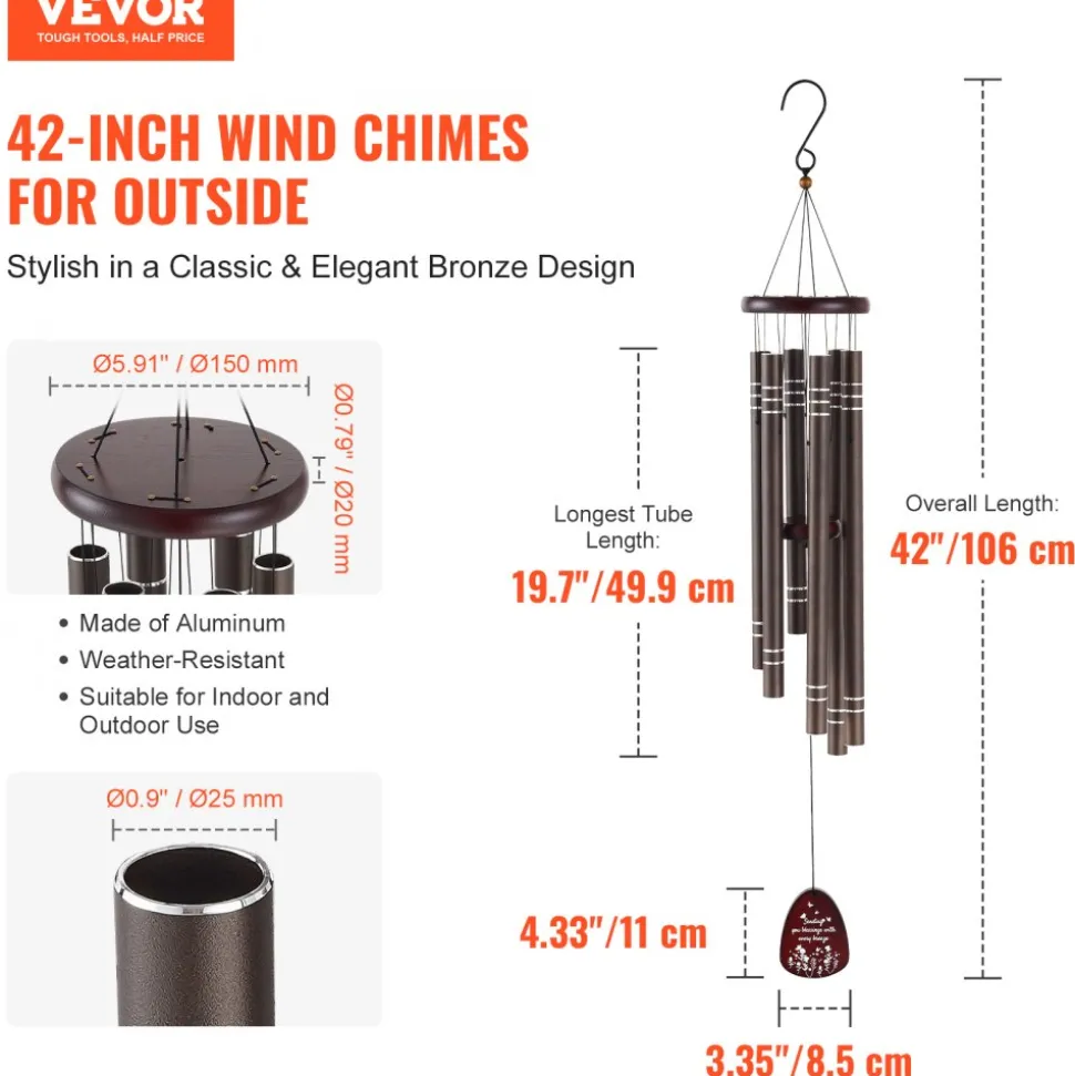 VEVOR Wind Chimes for Outside, 42", Deep Tone Wind Chimes with 6 Tubes, Unique Large Memorial Wind Chimes for Anniversary, Amazing Outdoor Decor for Your Patio, Porch, Garden and Backyard, Dark Brown