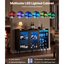VEVOR Wine Cabinet, Coffee Bar Cabinet with 9 Wine Bottle Racks, Modern Buffet Sideboard with Glass Holder, Adjustable LED Brightness, for Home Kitchen, Living Room, Dining Room, Black Wood Grain