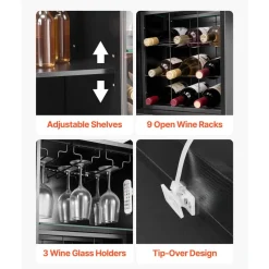 VEVOR Wine Cabinet, Coffee Bar Cabinet with 9 Wine Bottle Racks, Modern Buffet Sideboard with Glass Holder, Adjustable LED Brightness, for Home Kitchen, Living Room, Dining Room, Black Wood Grain