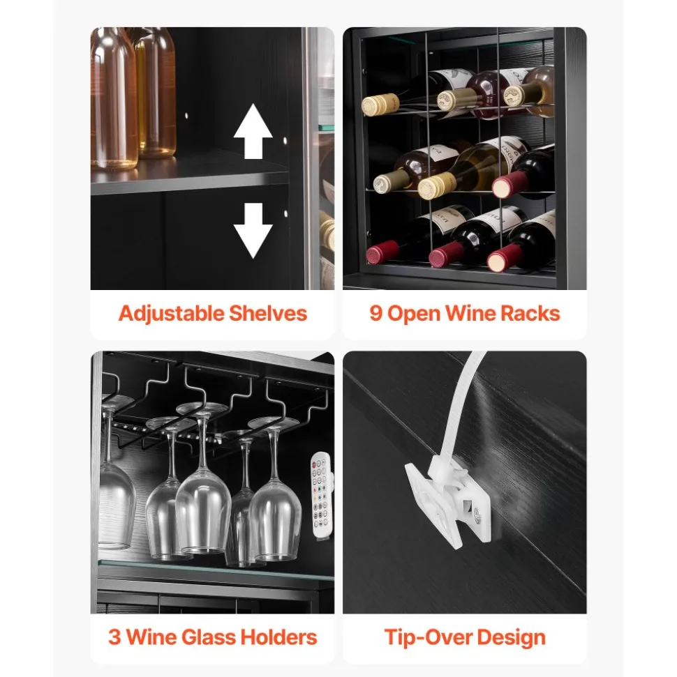 VEVOR Wine Cabinet, Coffee Bar Cabinet with 9 Wine Bottle Racks, Modern Buffet Sideboard with Glass Holder, Adjustable LED Brightness, for Home Kitchen, Living Room, Dining Room, Black Wood Grain