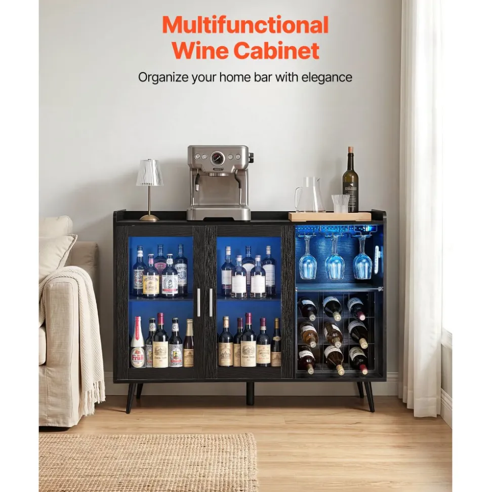 VEVOR Wine Cabinet, Coffee Bar Cabinet with 9 Wine Bottle Racks, Modern Buffet Sideboard with Glass Holder, Adjustable LED Brightness, for Home Kitchen, Living Room, Dining Room, Black Wood Grain