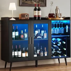 VEVOR Wine Cabinet, Coffee Bar Cabinet with 9 Wine Bottle Racks, Modern Buffet Sideboard with Glass Holder, Adjustable LED Brightness, for Home Kitchen, Living Room, Dining Room, Black Wood Grain